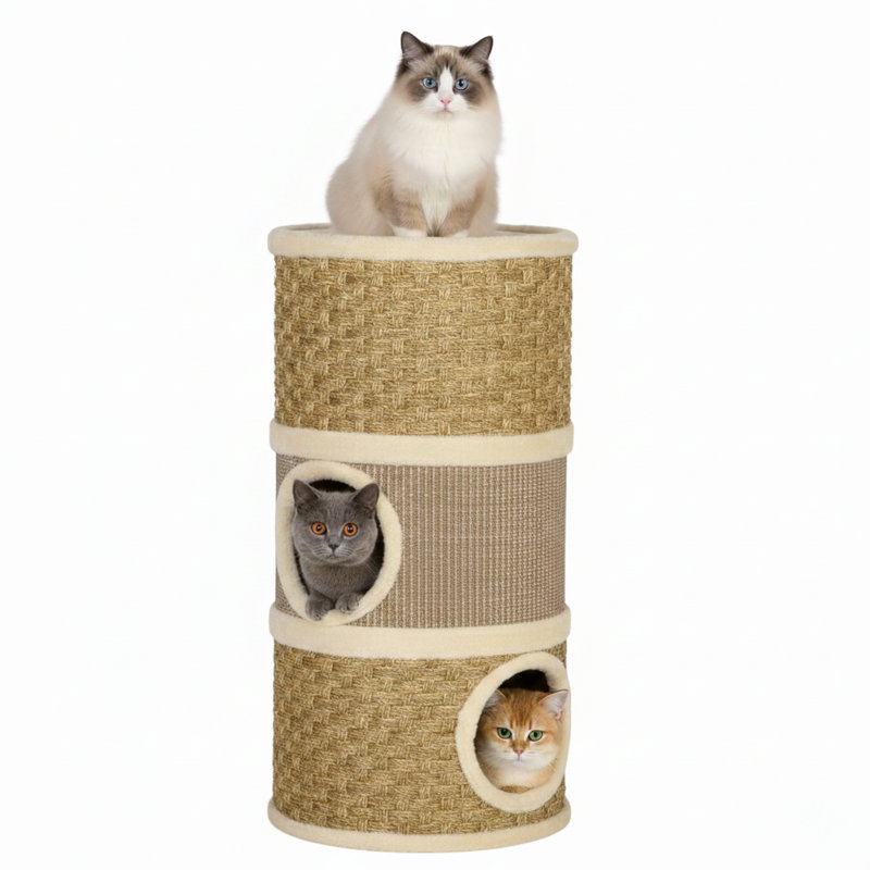Habitation pour chat de 28 pouces, cachette pour chat à trois étages avec patin à griffes en sisal, arbre à chat compact en forme de tonneau convenant aux chats d'intérieur, kaki et brun