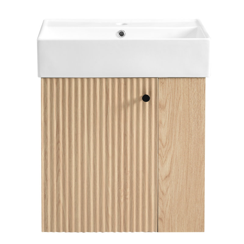 Armoire de salle de bain flottante de 21,6 po avec lavabo en céramique, trou de trop-plein, fermeture en douceur, utilisation moderne de l'espace, lavabo mural en céramique, trou unique pré-percé, porte, côté droit