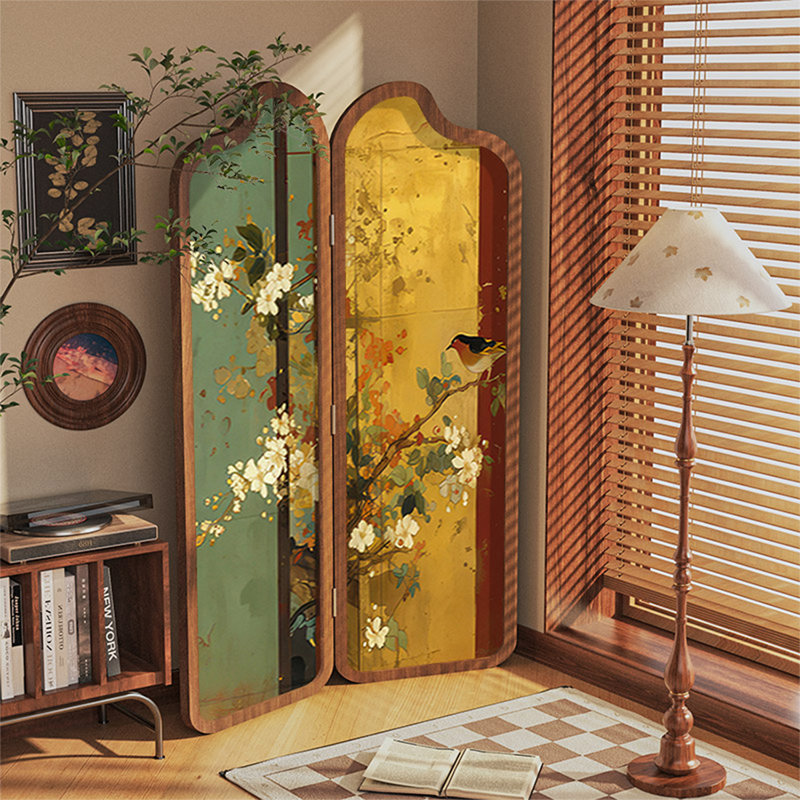 2 panneaux bleu-vert + toile jaune + paravent en bois massif, H 74,8 po x l 19,69 po x P 1,18 po