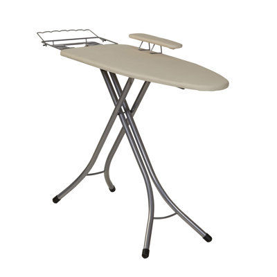Wide Mega Ironing Board 4-Leg, Steel Top Pressing Station, Heat-Resistant Fiber Pad and Cotton Cover, Includes Sleeve Board and Iron Rest with Hanger Bar