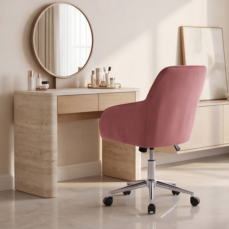 Adjustable Office Chair, Home Bedroom, Swivel Chairrest Seat, Comfortable For Long Sitting, Silver, Baby Pink