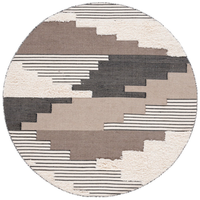 Ingelene Hand Woven Wool/Cotton Rug in Black/Ivory, Round 6'