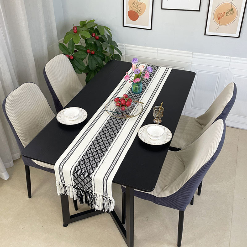 Table Runner With Tassel, Woven Scarf For Bedroom, Farmhouse Entry Console Table Cover With Fringe, Black