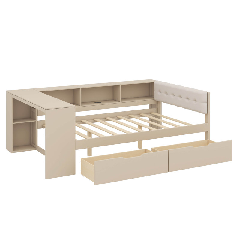 Lit plateforme double avec tablettes, tiroirs, port de charge et tête de lit recouverte de tissu, Crème, crème