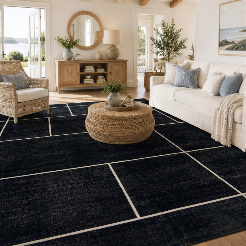Tapis noir antidérapant Windowpane Grid, 6 pi 6 po x 9 pi