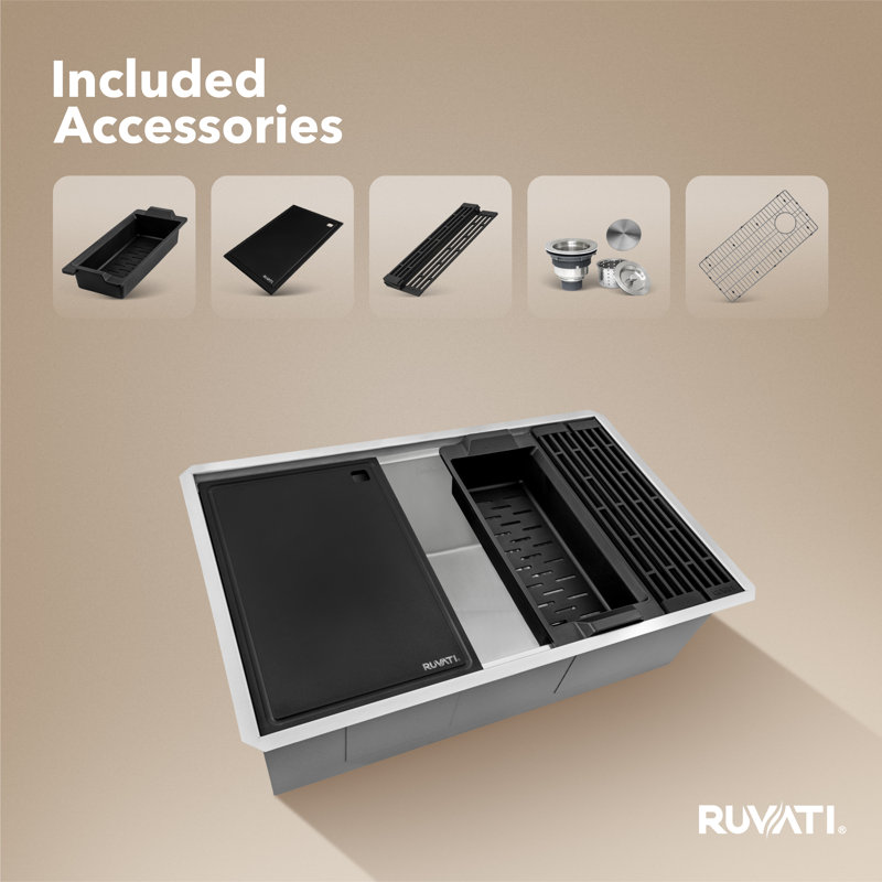Ruvati 27-inch Workstation Slope Bottom Offset Drain Undermount 16 Gauge Kitchen Sink, Silver