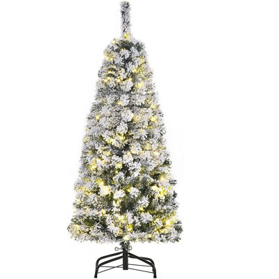 HOMCOM Prelit Snow Flocked Christmas Tree w/ Light Xmas Decoration Green