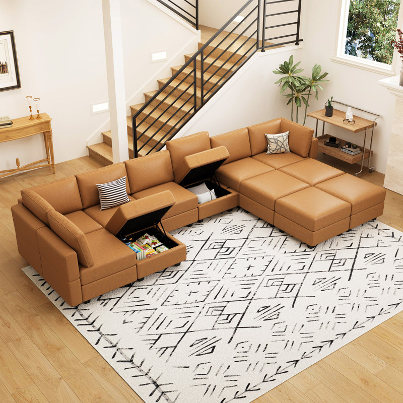 Ancram Oversized 12-Saets U Shaped Sofa Faux Leather Memory Foam Couch Storage Modular Sofa for Livingroom, Orange