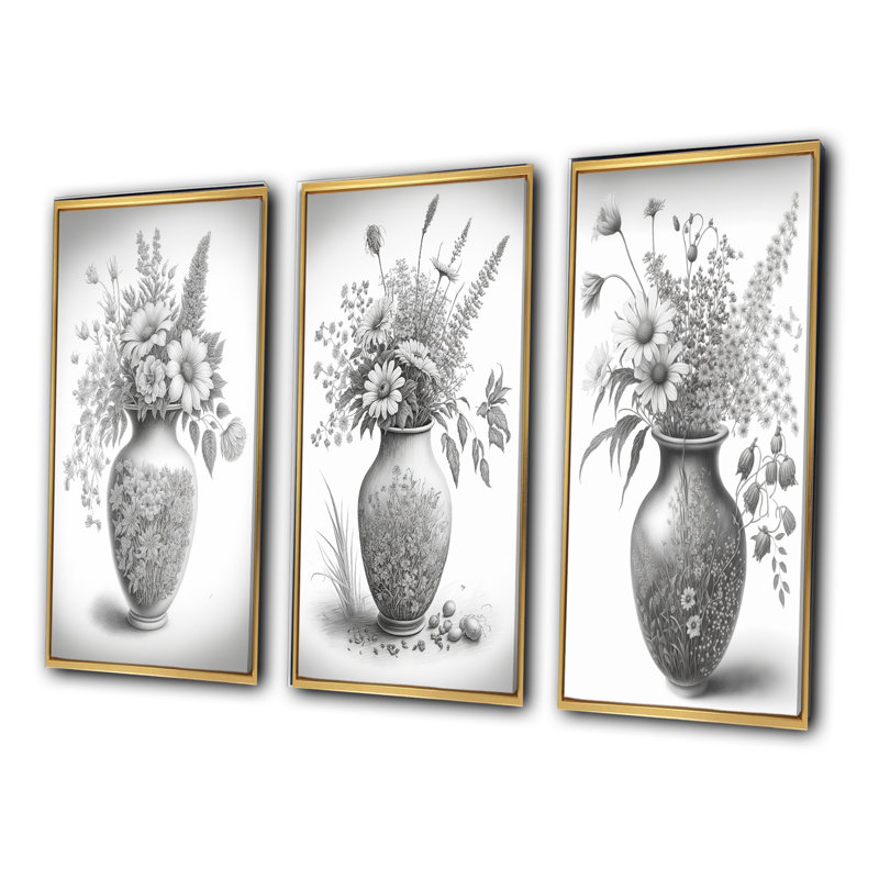 «Nature morte au crayon noir et blanc monochrome», 3 pièces sur toile, Or, H 20 po x l 36 po