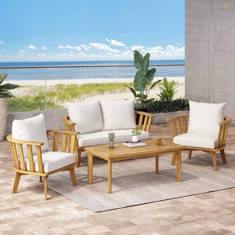 Ensemble de meubles de patio en bois d'acacia 4 pièces, mobilier d'extérieur avec table basse, ensemble de conversation pour patio avec coussins moelleux, chaises de véranda pour le balcon de la cour arrière