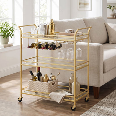 Bar Cart Gold, Large Home Bar Serving Cart With 3-Tier Mirrored Shelf, Wine Holders, Glass Holders, For Large Spaces, Kitchen