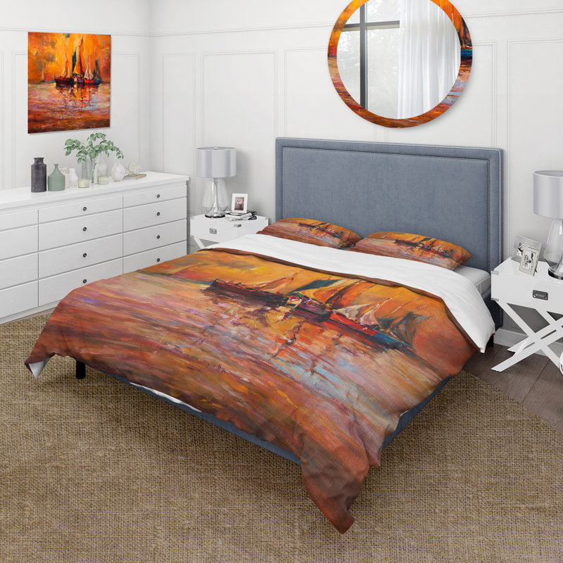 Bateaux sur l'océan pendant le coucher du soleil I - Ensemble de housse de couette nautique - Microfibre de polyester