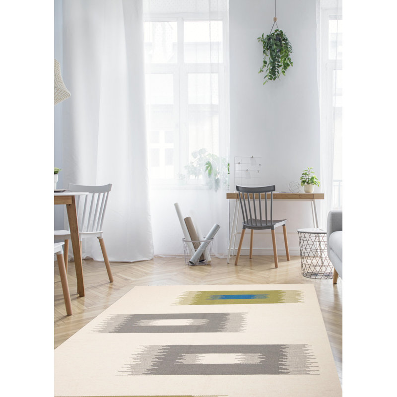 Tapis vert / gris / bleu en laine tissé à plat à la main à motif rectangulaire New 5 pi x 8 pi 2 po New Ashford