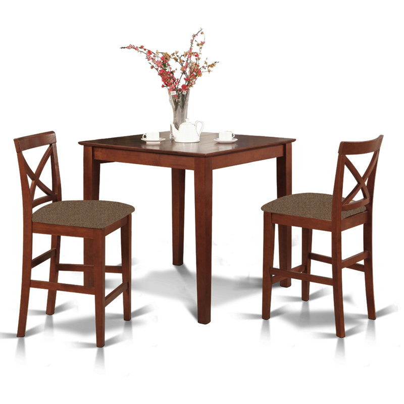 3 Piece Counter Height Dining Set for Small Spaces Contains a Square Kitchen Table and 2 Linen Fabric Dining Room Chairs, Brown