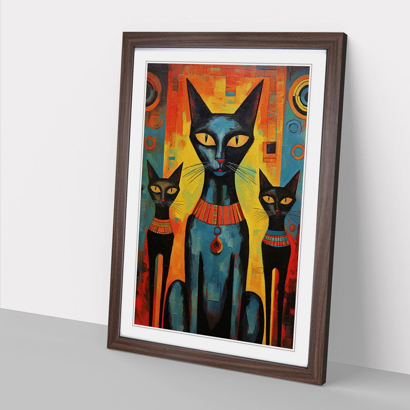 Egyptian Cat Expressionism No.3 - Single Picture Frame Print on Wood, Walnut Framed, 34cm H x 25cm W