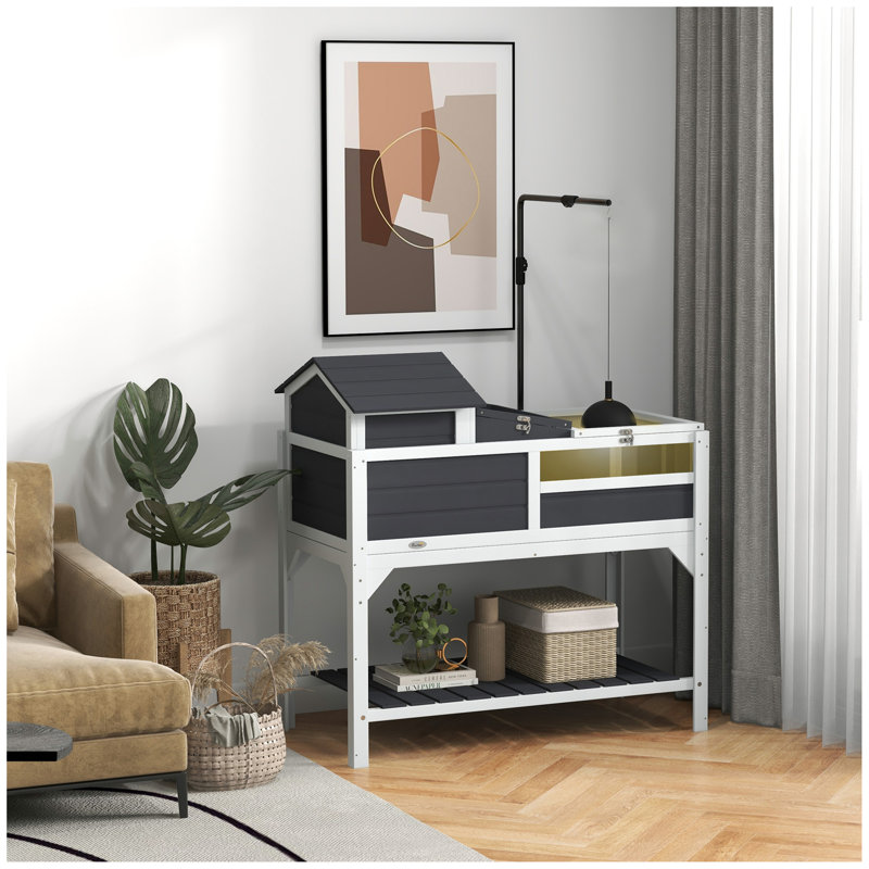 Habitat tortue avec support de lampe réglable, enceinte à 2 couches avec tablette de rangement, maison principale amovible, plateau fixe, couvercle ouvrable, gris
