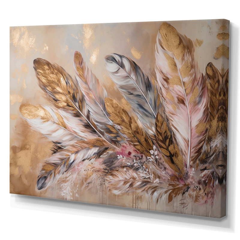 Plume dorée Boho Majesty - Glam Feather, impressions encadrées, H 16 po x l 32 po x P 1 po, Toile tendue