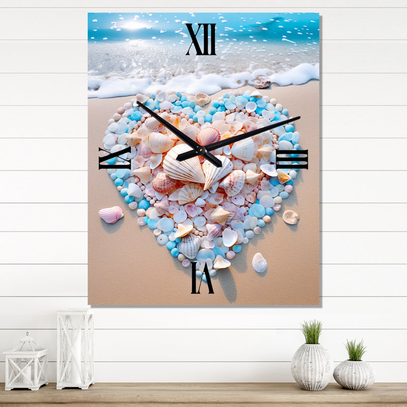 Pink And Turquoise Heart On The Beach - Beach Wall Clock Oversized, Small