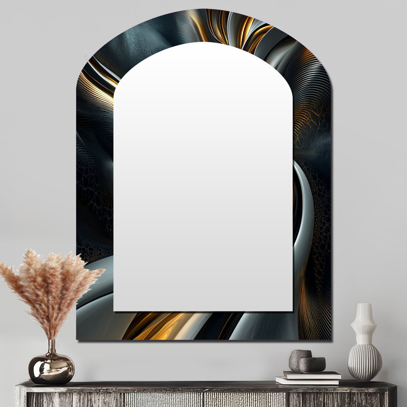 Swirl Abstract In Gold And Black Tones II - Abstract Painting Arch Decorative Mirror, Modern Asymmetrical Large Wall Mirror, Printed Metal Art