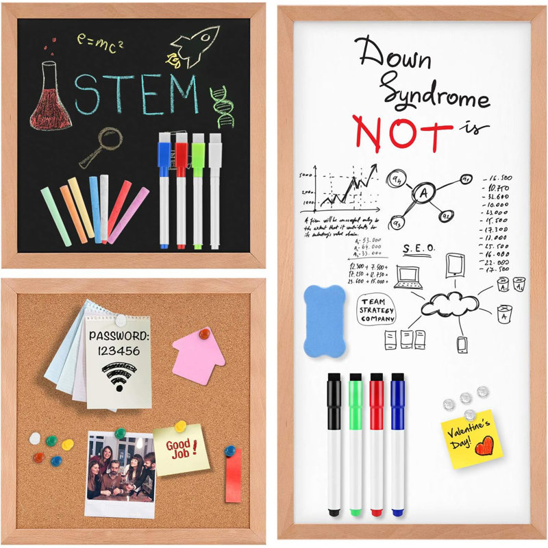 Magnetic Dry Erase White Board/Chalkboard/Cork Board, 3 In 1 Combination Board With Real Natural Wood Frame, 24", Beige