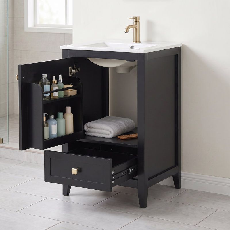 Meuble-lavabo autoportant de 51 cm (20 po) en MDF noir avec lavabo simple, porte à fermeture amortie et tiroir de rangement