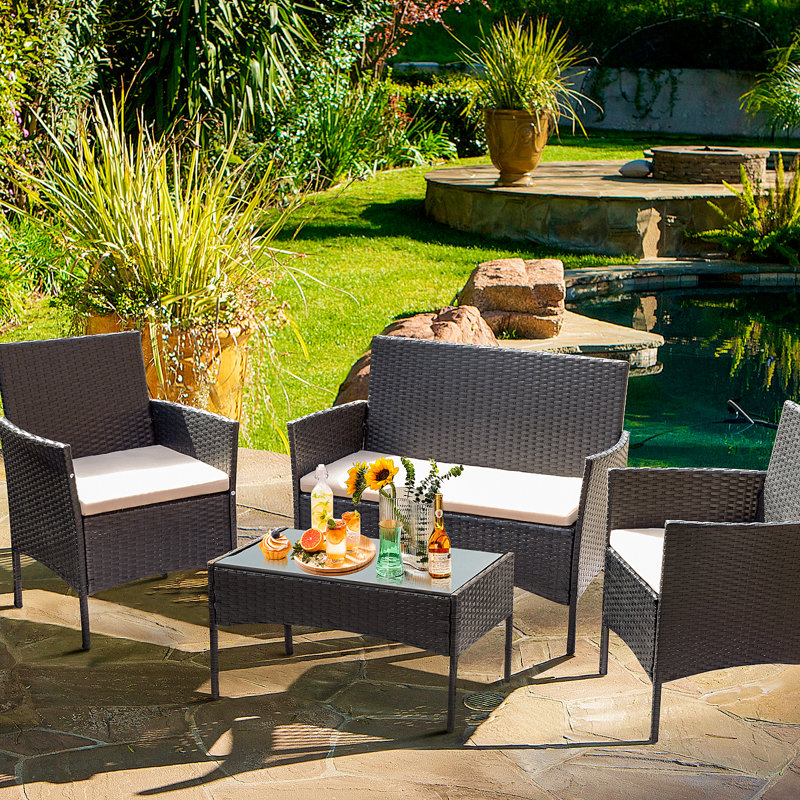 Rifiki 4 - Person Patio Conversation Set with Cushions, Beige, Black