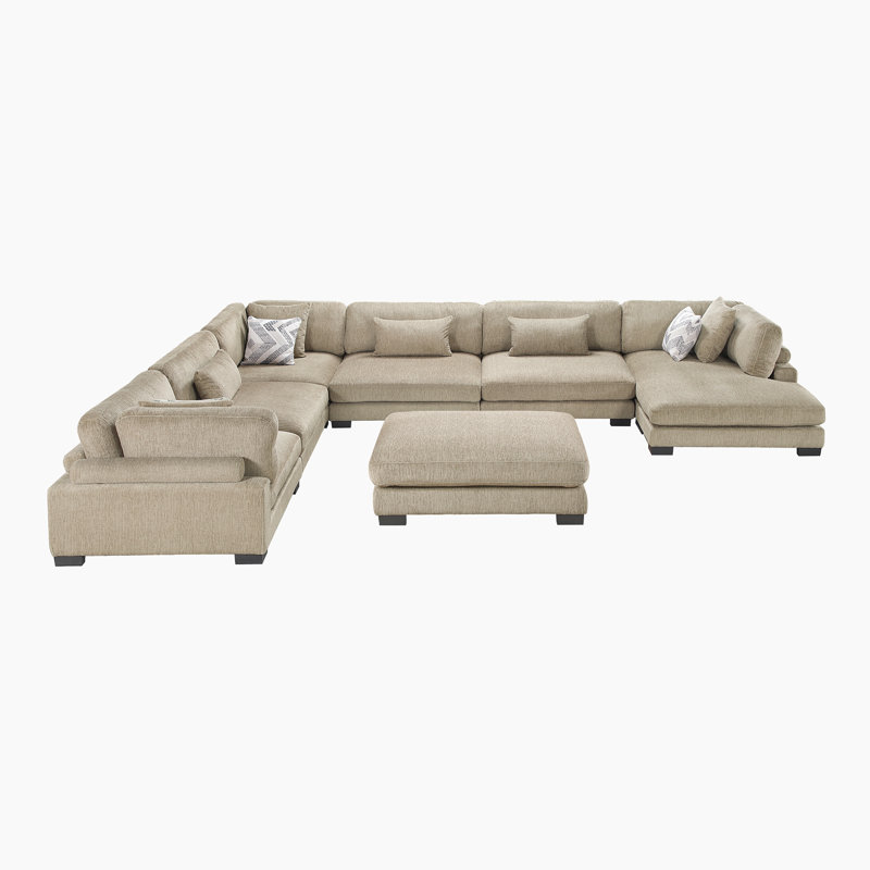 Hulett 135" Modern Modular Sectional with Microfiber Fabric, Included Ottoman & 9 Pillows, Brown