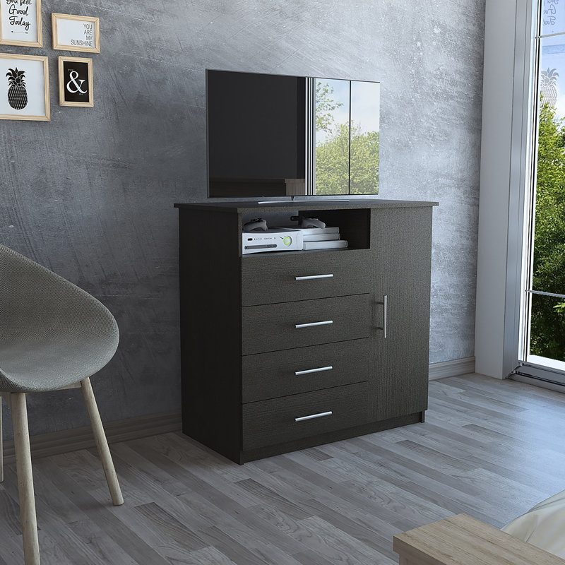 Sierra Dresser with Four Drawers, One Compartment and Open Shelf, Freestanding Bedroom Storage, Black Wengue