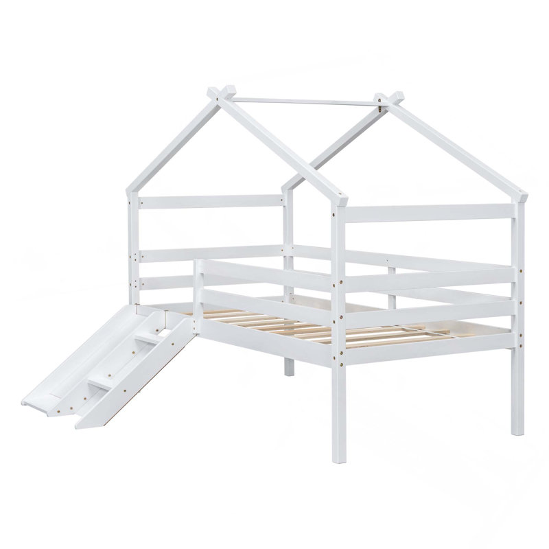 Lit simple mezzanine bas avec glissade, échelle et garde-corps de sécurité, idéal pour les chambres d'enfants amusantes et sécuritaires
