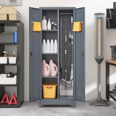 Broom Storage Cabinet With Locking Doors And Shelves, 65" H Metal Storage Cabinet With Hanging Rod & S-Hooks, Cleaning Tool Storage Cabinet Grey