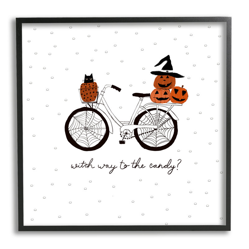 «Halloween Witty Calligraphy», citrouille à motif de bicyclette, encadrée de giclée noire, art texturé par Amylee Week