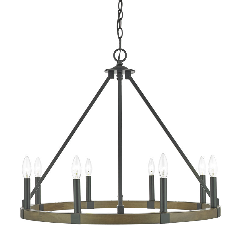 Lustre en roue de chariot unique et remarquable à 8 lumières avec détails en bois Minooka