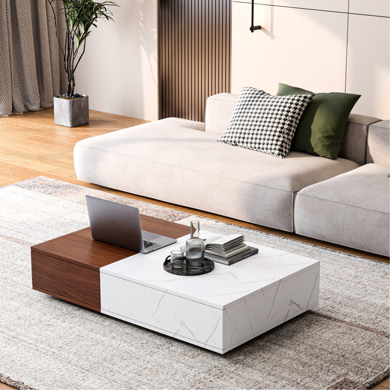 Table basse de style moderne avec deux fentes de rangement et surface en marbre brun noyer, Noyer/brun