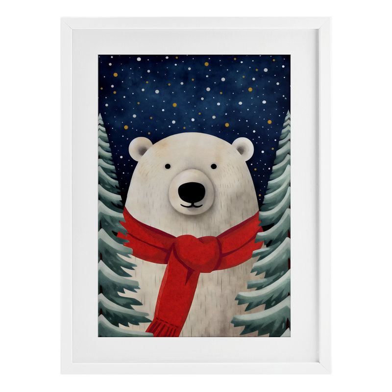 Merry Bear, foulard avec foulard, impression sous verre, H 23 po x l 17 po, Cadre blanc côtier