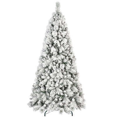 8FT Flocked Christmas Tree With 600 Warm White LED Lights – 1445 Tips, Snowy PVC & Hard Needle Branches, Hinged Design For Easy Setup, Sturdy Metal Stand – Full & Realistic Holiday Tree