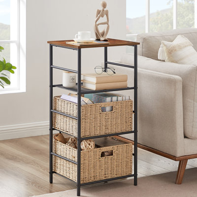 3-Tier Nightstand with 2 Woven Baskets and Lower Storage Shelf