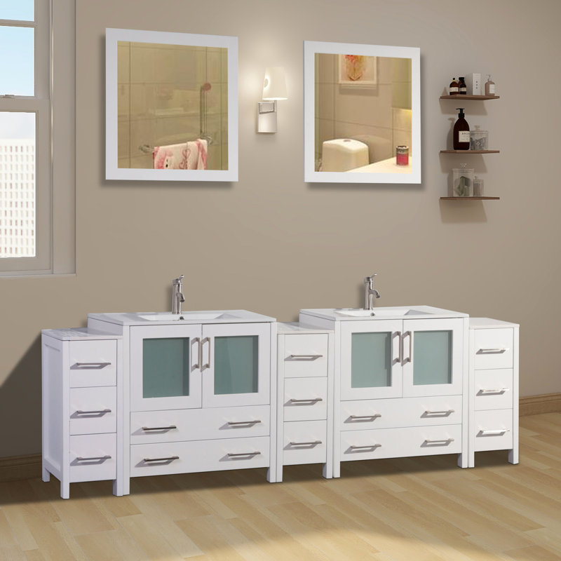 Karson 96'' Double Bathroom Vanity with Ceramic Top with Mirror, White