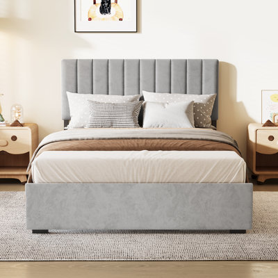 Velvet Upholstered Platform Bed with Channel Tufted Headboard (Gray, Full Size)
