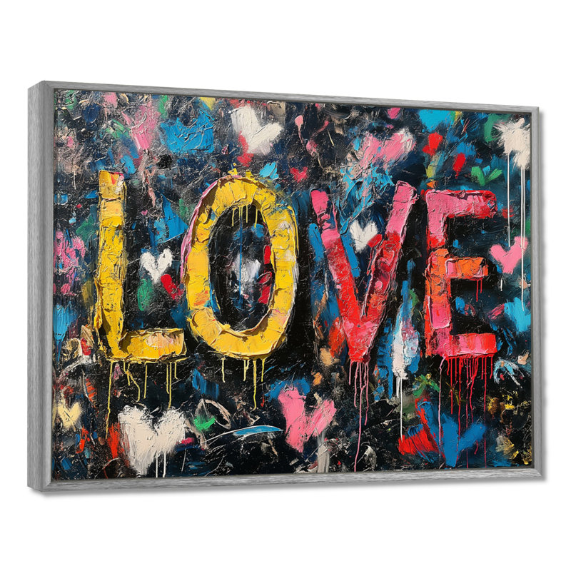 Love Pop Art Graffiti Artwork - Pop Art Wall Art Living Room, H 24 po x l 32 po x P 1 po, Toile argentée avec cadre flottant