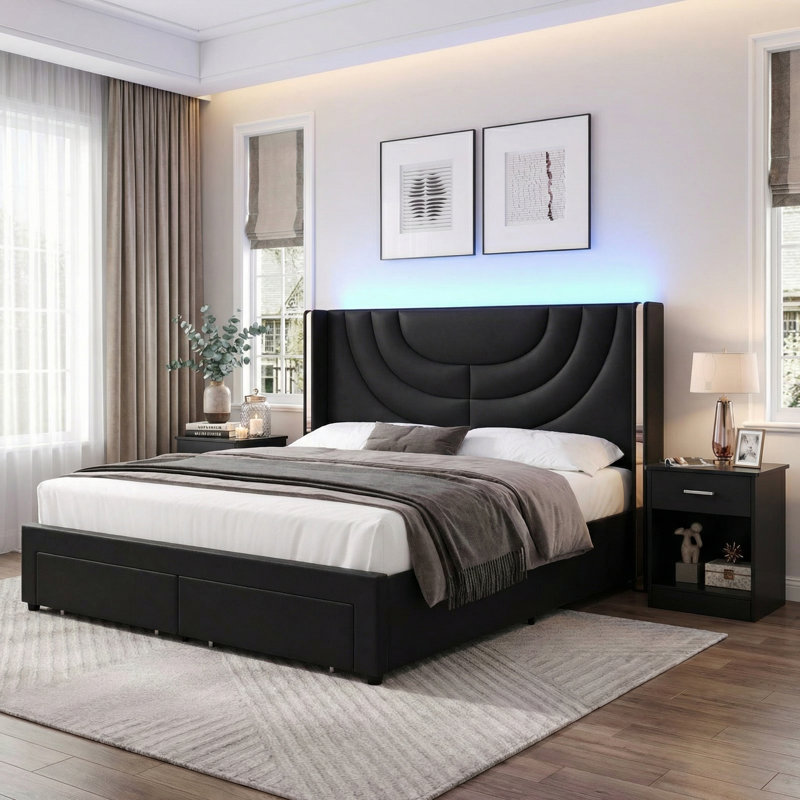 Ensemble de chambre à coucher 3 pièces, lit tapissier à lumière ambiante avec 2 tiroirs et 2 tables de chevet classiques