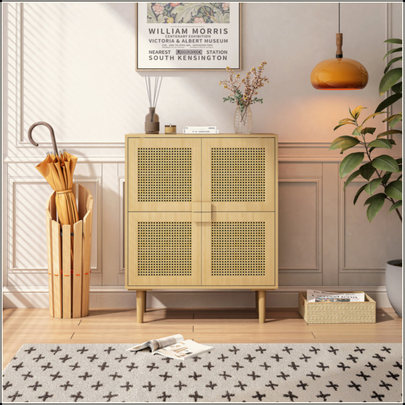 4-Doors Rattan Mesh Storage Cabinet, Sideboard With Eight Storage Spaces, For Entryway, Living Room, Hallway, Natural