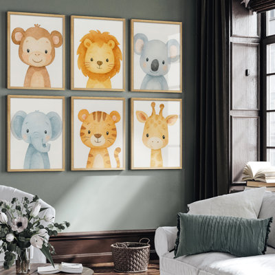 Adorable Safari Baby Animal Framed Wall Art Set of 6 - Watercolor Monkey Lion Koala Elephant Tiger Giraffe Prints for Nursery Decor