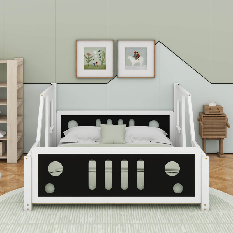 Lit plateforme double classique en forme de voiture avec roulettes, Blanc