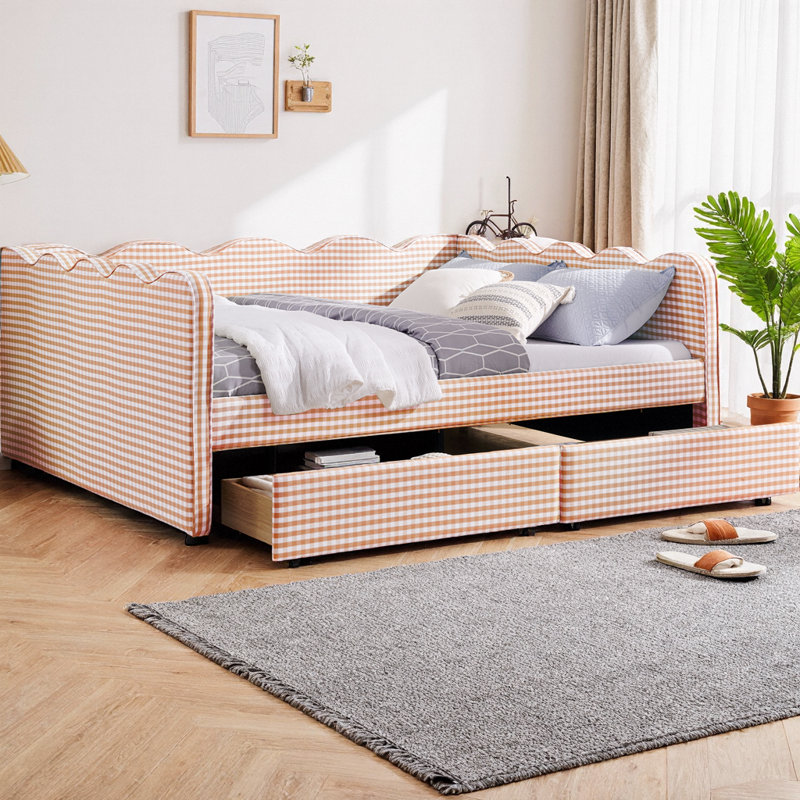Cocoon Queen Size Cozy Gingham Daybed with Two Storage Drawers, Linen Fabric Sofa Bed with USB Port and Adorable Wave Shaped Design, for Bedroom or Living Room