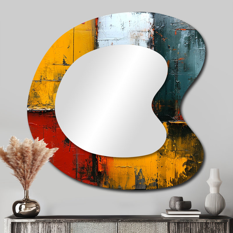 Cubist Tranquility Yellow Red Blue - Abstract Painting Unique Shape Decorative Mirror, Modern Asymmetrical Wall Mirror, Printed Metal Art