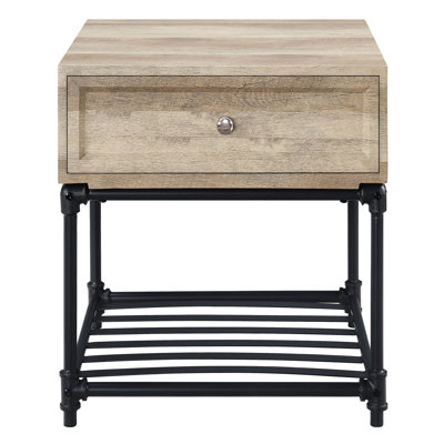 Functional End Table With Storage, Industrial Look, Oak And Sandy Black Finish Rectangular Wood + Metal Drawer, Style In