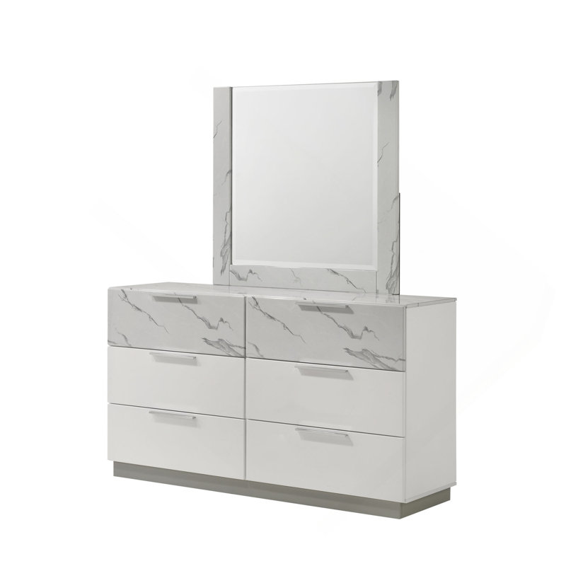 Commode blanche - Finition bicolore très brillante en marbre et laque avec six tiroirs spacieux, intérieurs doublés de velours