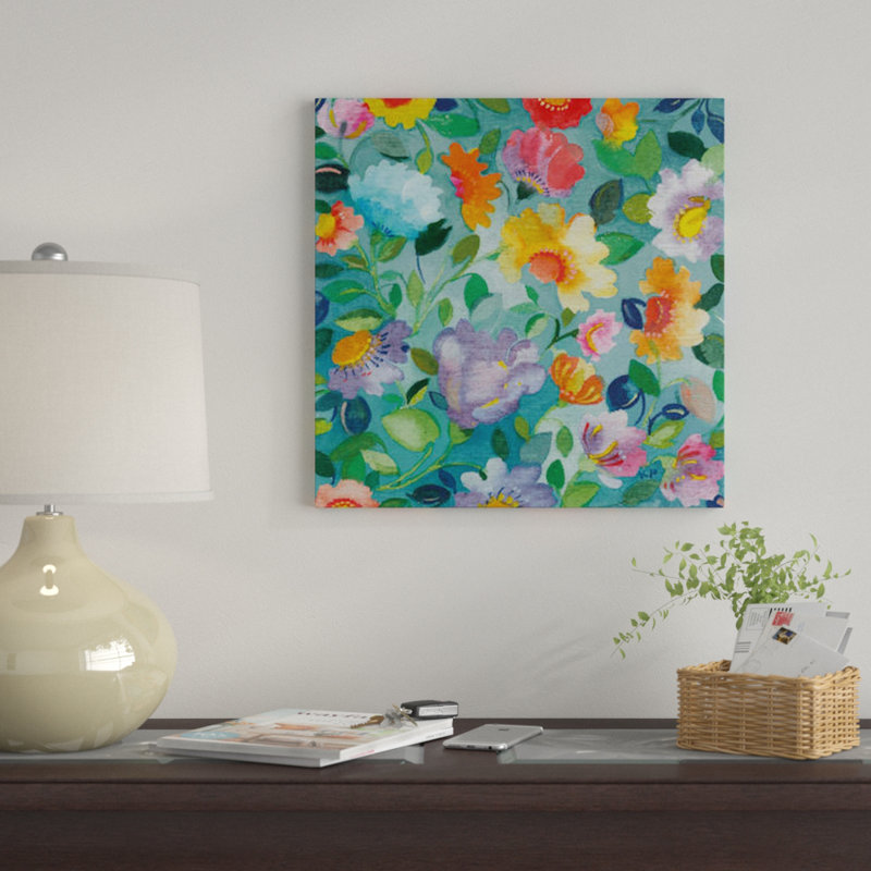 «Turquoise Flowers» par Kim Parker, impression sur toile, H 16 po x l 16 po x P 1 po, Papier avec cadre noir, Blanc