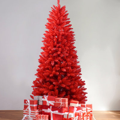 7FT Red Christmas Tree – Pure Red PVC Tree With 1066 Tips, Hinged Branches, Stable Metal Stand