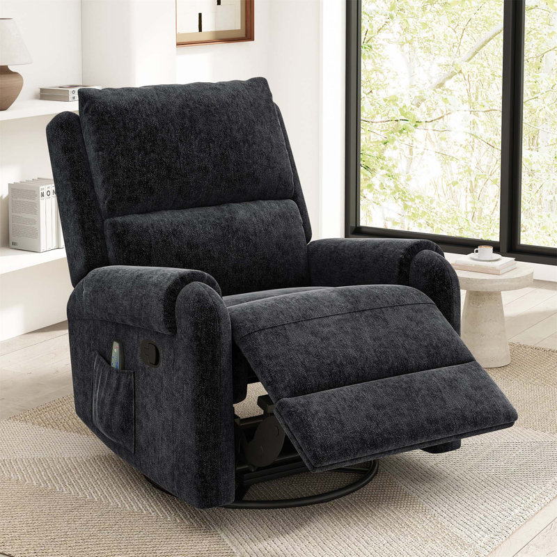 Manual Recliner With Massage, Swivel, Rocker, And Side Storage For Living Room, Bedroom, And Nursery Comfort, Black